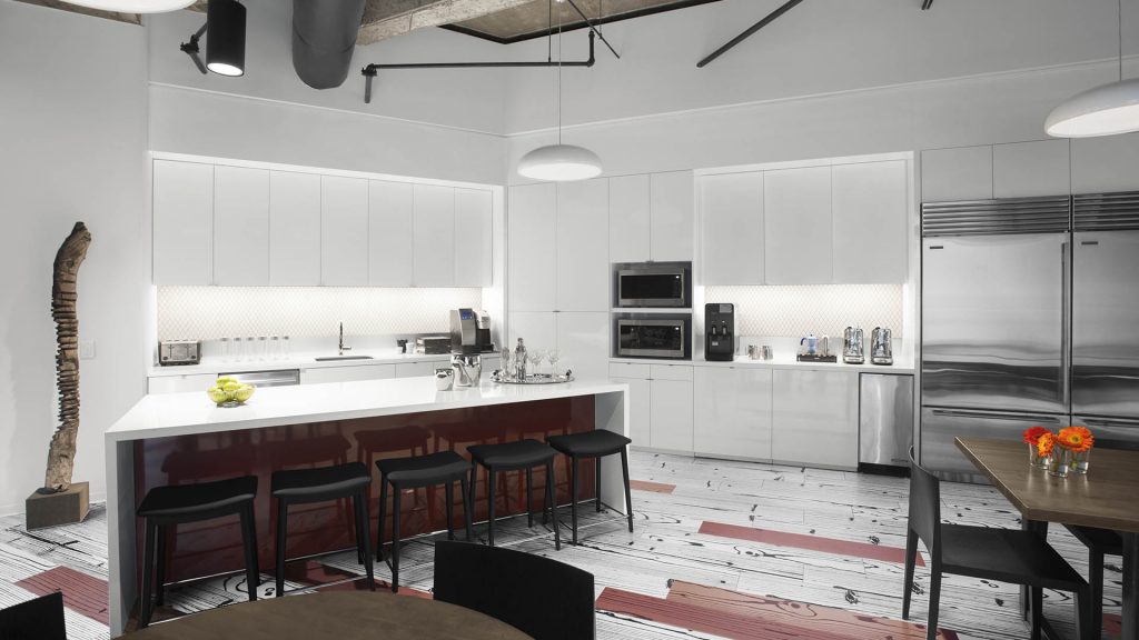 Corporate Hedge Fund HOUSTON Interior Breakroom Red Black White