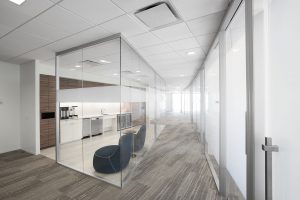 Corporate Interior Design Newfield Exploration Corridor Glass Front Coffee Bar