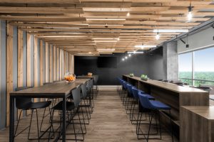 Corporate Interior Design Aptim The Woodlands Breakroom Natural Wood Ceiling