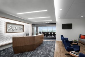 Corporate Interior Design Aptim The Woodlands Angled Reception Entrance Graphics