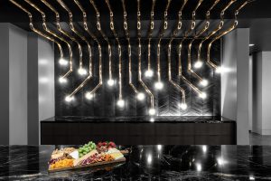 Corporate Law Firm Conference and Event Center Gold Pipes Lighting Detail