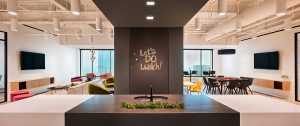 Corporate Interior Design Nova Chemicals Houston Breakroom Island Black and White