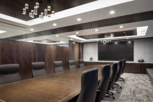 HighPoint Resources Corporate Interior Design Boardroom Multipanel Screen Wood Ceiling