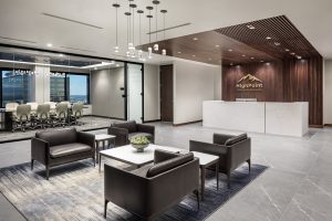 Corporate Interior Design Entrance Lobby Seating Area Wood Ceiling Reception