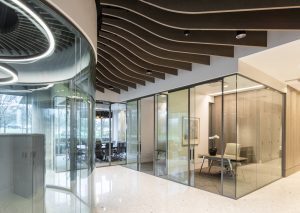 Corporate Interior Design Private Offices GlassfrontsDynamis Power Solutions Wood Fin Ceiling