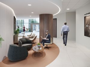 Woodway tower lobby renovation curved lounge area