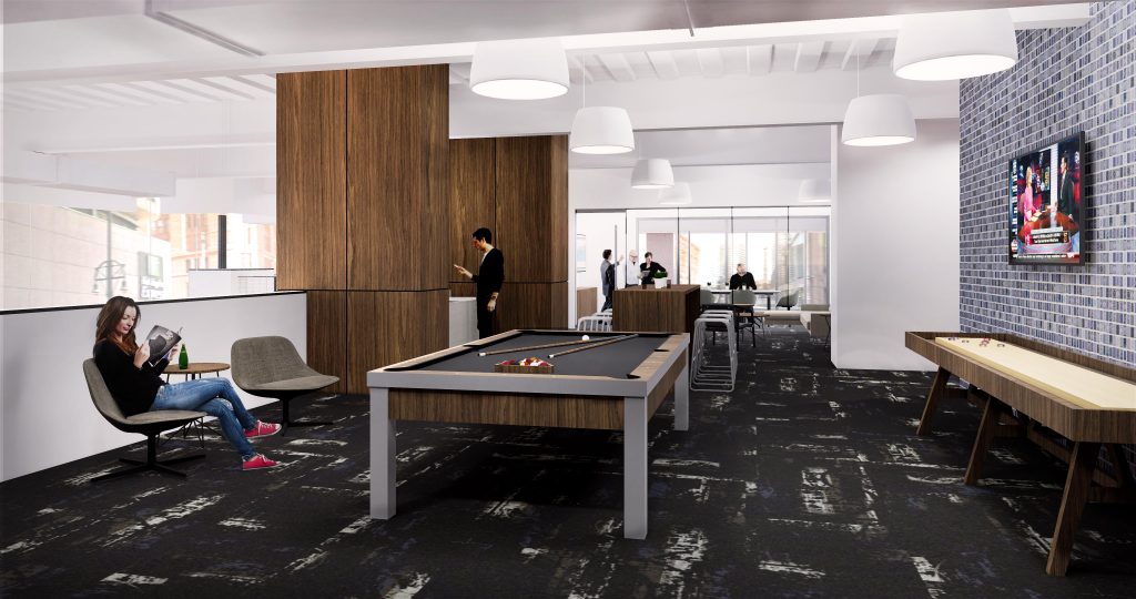 410 17TH LOBBY DENVER Corporate Interior Design Club Game Room Rendering