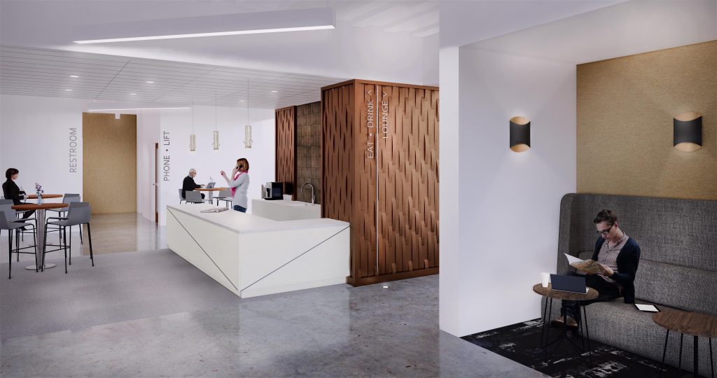 410 17TH LOBBY DENVER Corporate Interior Design Beverage Bar Rendering