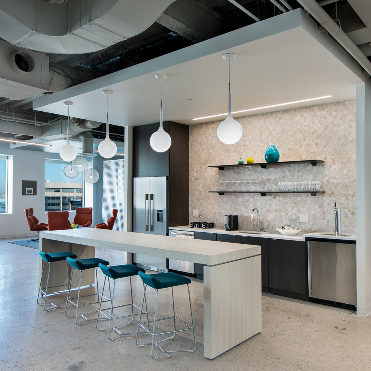 Corporate Interior Design Denver Callahan Model Suites High Tech Breakroom and Reception Entry Space