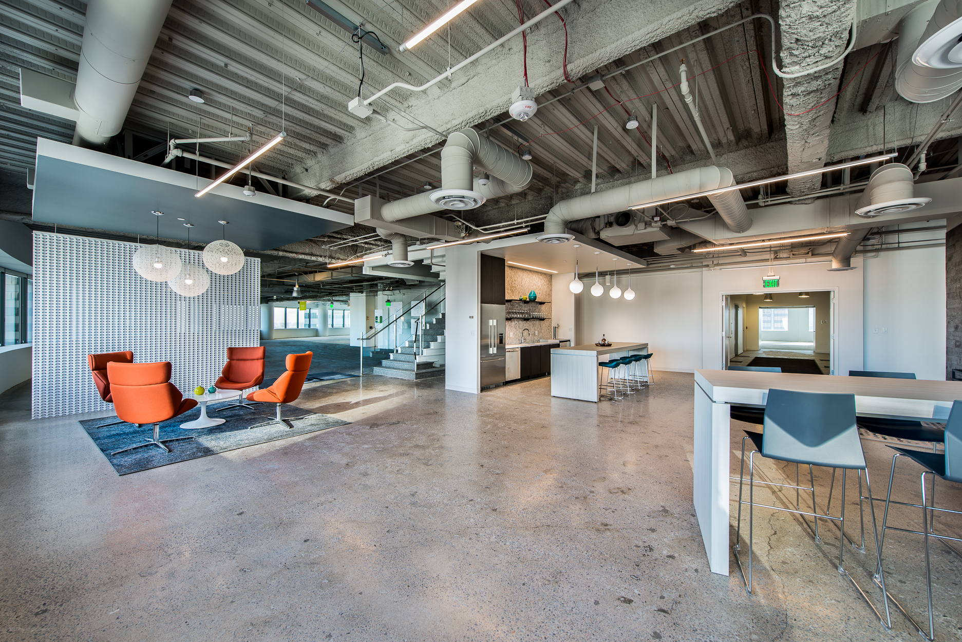 Corporate Interior Design Denver Callahan Model Suites High Tech Informal Seating Area Pendant Lighting
