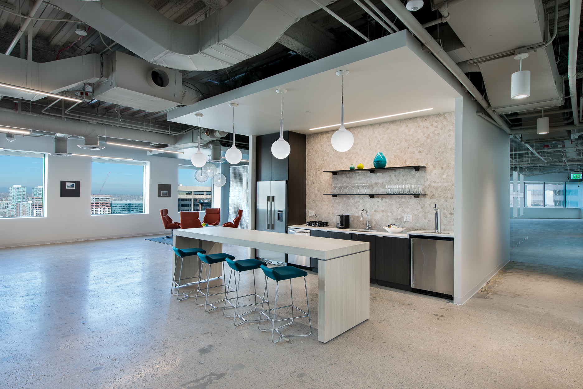 Corporate Interior Design Denver Callahan Model Suites High Tech Breakroom Island Seating