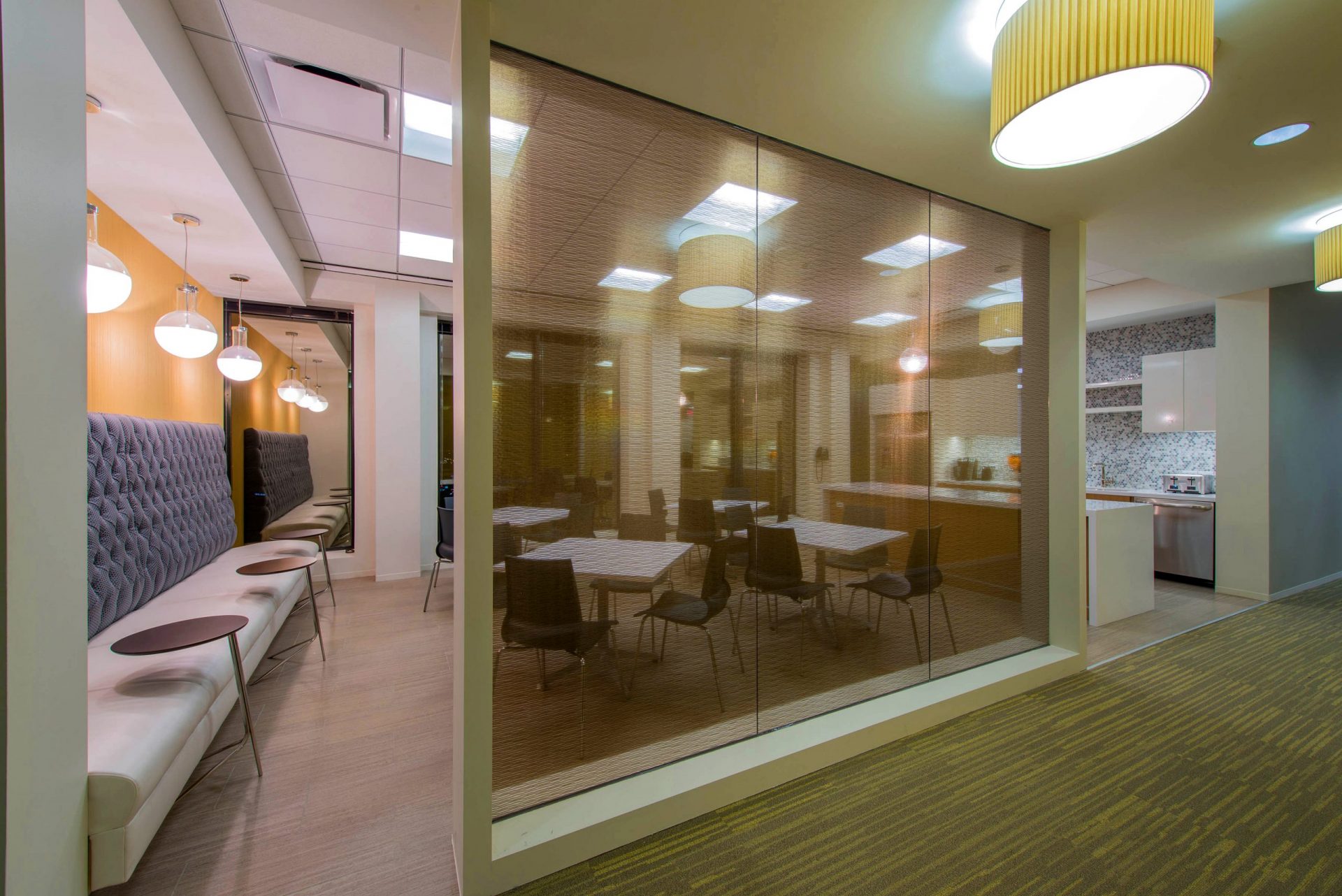 Corporate Law Interior Design Heard Robins Cloud and Black Breakroom Screen Wall