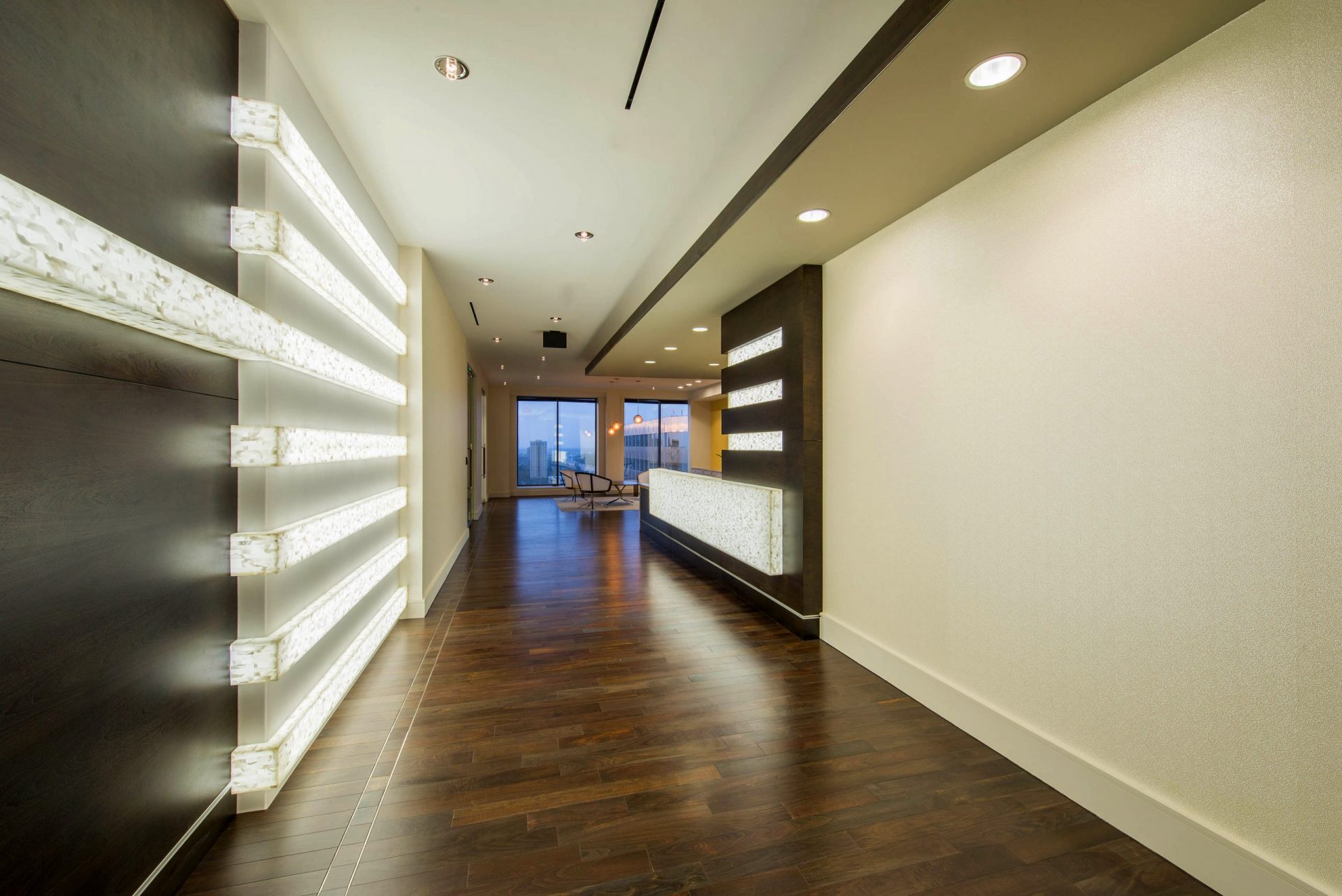 Corporate Law Interior Design Heard Robins Cloud and Black Corridor Linear Lighting Modern Bright